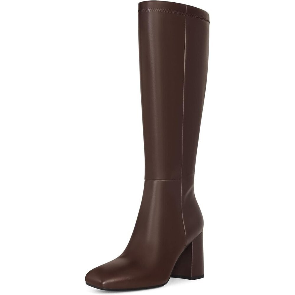 Women's Dark Brown Faux Leather Fashion Square Toe Chunky Heel Knee High Boots